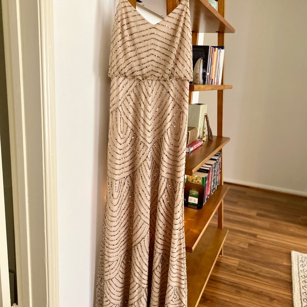 Adrianna Papell ART DECO BEADED BLOUSON GOWN IN TAUPE PINK SZ 2